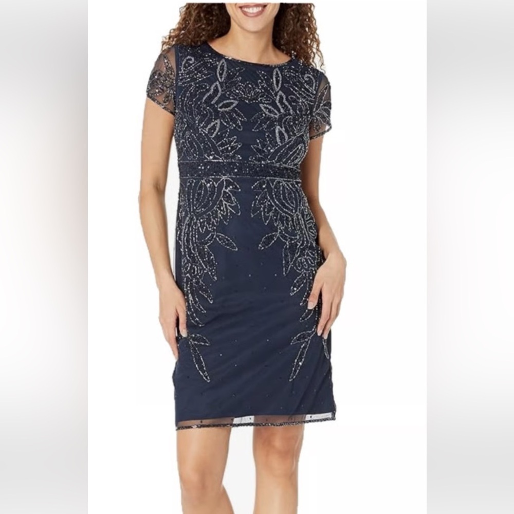 J Kara Women short sleeve All Over Embellished Navy blue mini Dress Size 6